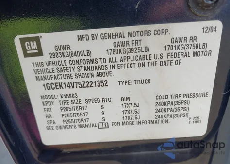 2005 Chevrolet Silverado 1500 Work Truck z USA, uszkodzony, nr VIN 1GCEK14V75Z221352